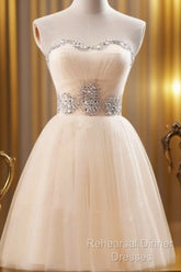 Custom Made A Line Sweetheart Neck Champagne Semi Formal Prom Dresses, Short Champagne Bridesmaid Dresses, Graduation Dress, Homecoming Dress